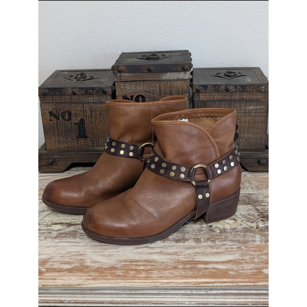 UGG Darling Studded Harness Leather Ankle Boots Brown Size 8